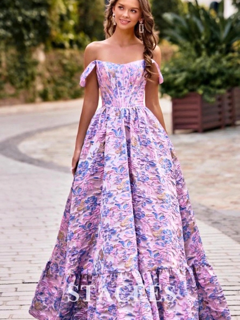 Princess Floral Print Off-the-Shoulder Corset Brocade Prom Dress